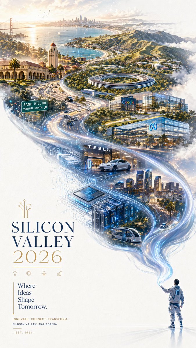 A refined 2026 Silicon Valley city promotional poster with a futuristic yet ele…